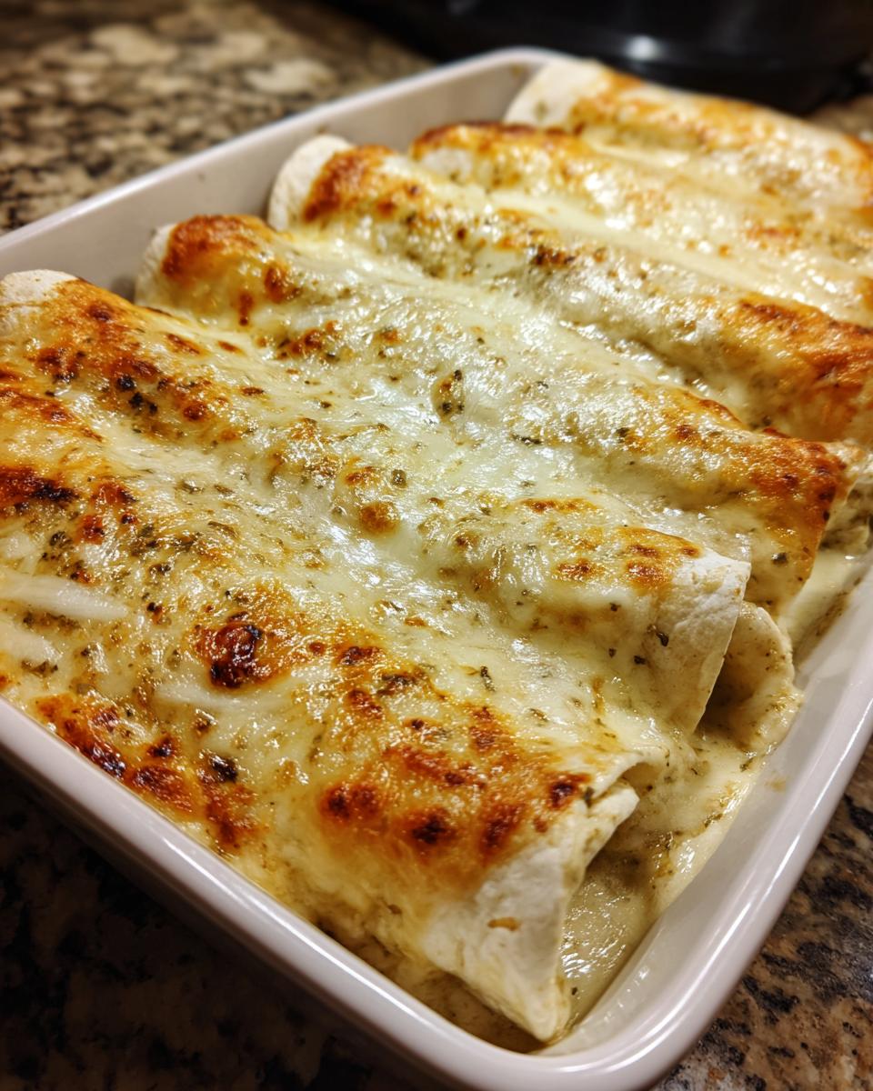 Close-up of baked green chile chicken enchiladas covered in melted, bubbly, and slightly browned cheese sauce.