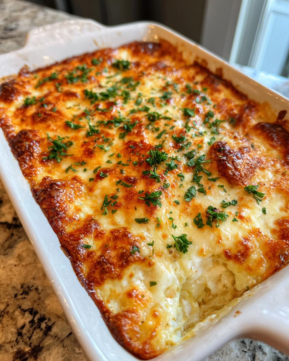 Close-up of a baked hot crab dip in a white casserole dish, featuring a bubbly, golden-brown cheese crust topped with fresh parsley.