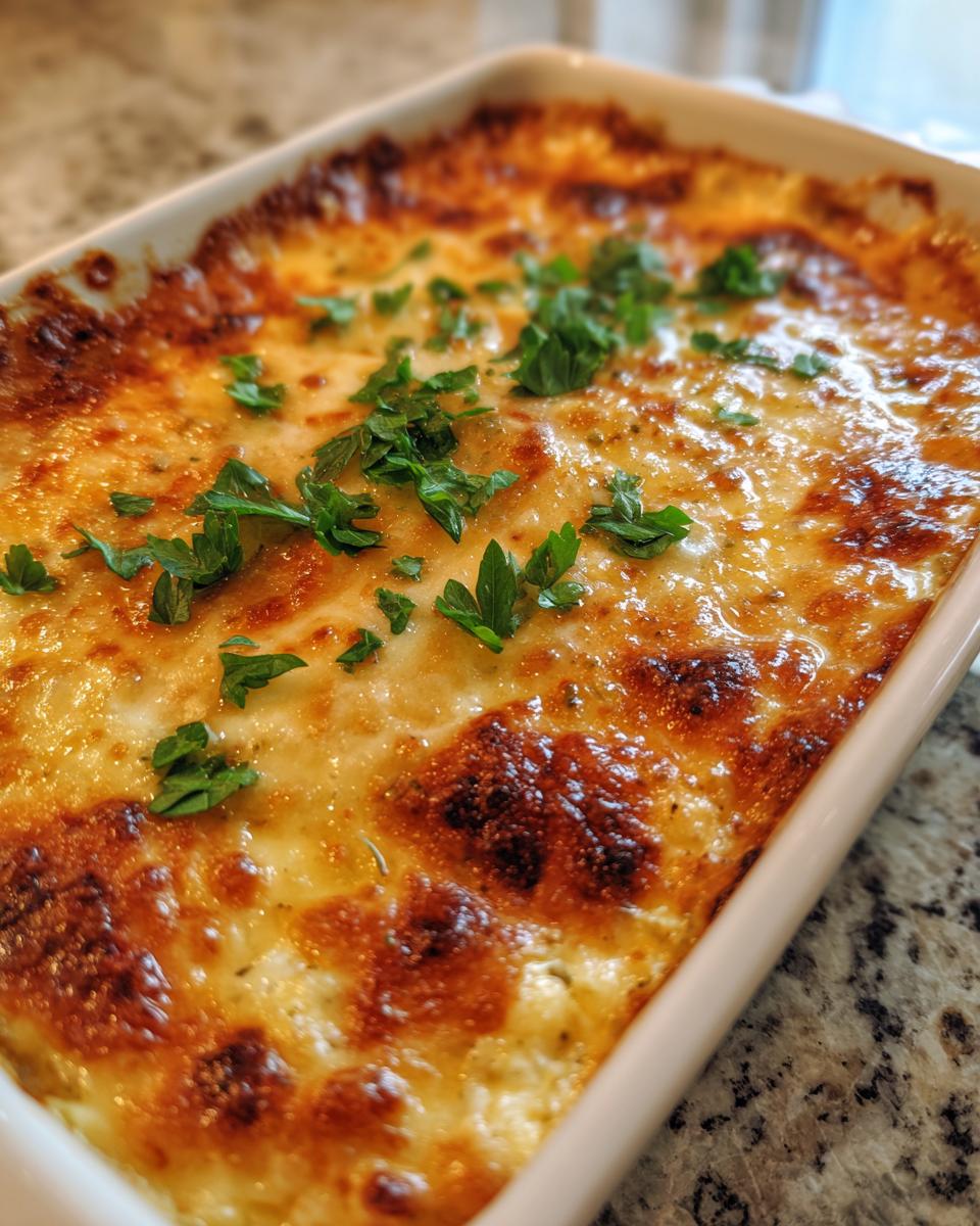 Close-up of a bubbly, golden-brown baked hot crab dip topped with fresh parsley in a white baking dish.