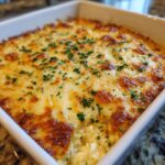 Close-up of a baked hot crab dip in a white square dish, topped with bubbly, browned cheese and fresh parsley.