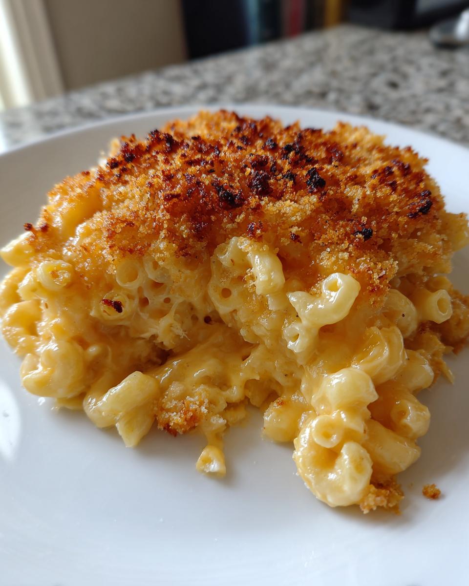 Close-up of a scoop of creamy baked mac and cheese with a golden, crispy breadcrumb topping.