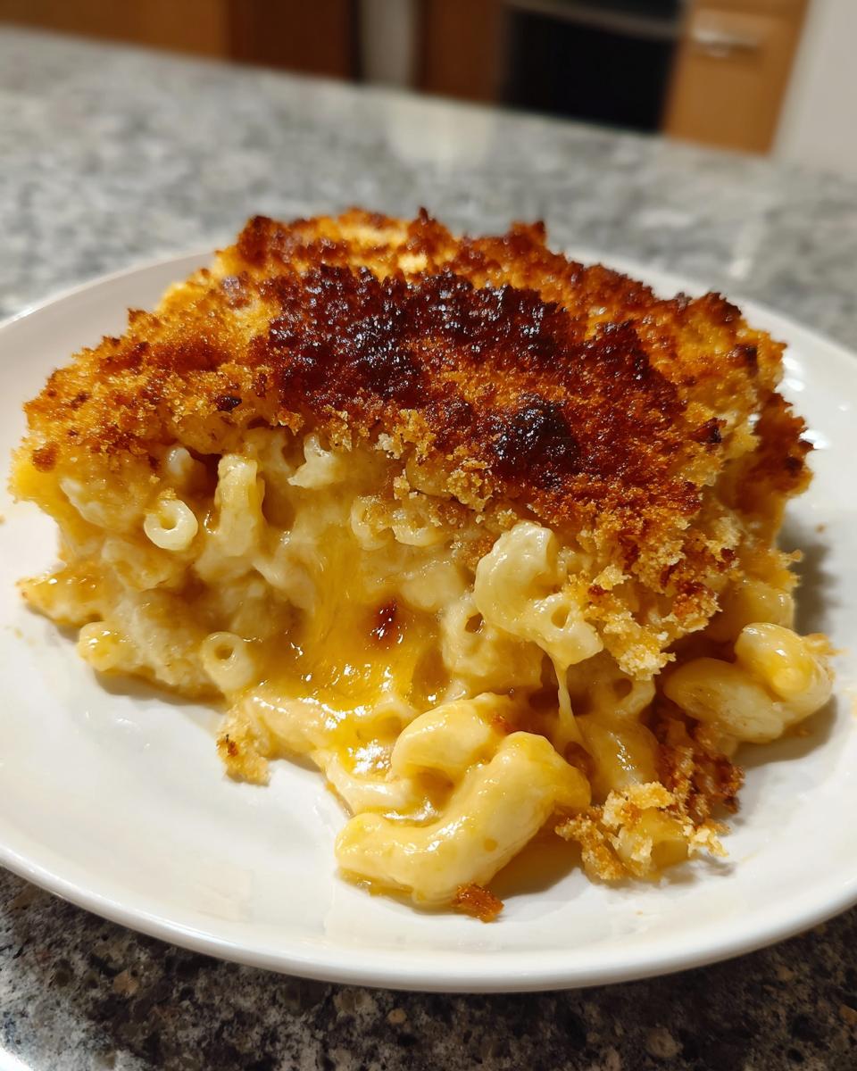 A close-up serving of creamy baked mac and cheese with a dark, crispy breadcrumb topping melting slightly onto a white plate.