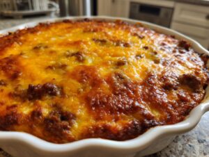 Close-up of a freshly baked texas trash dip in a white ruffled dish, featuring a bubbly, browned layer of melted cheese and meat.