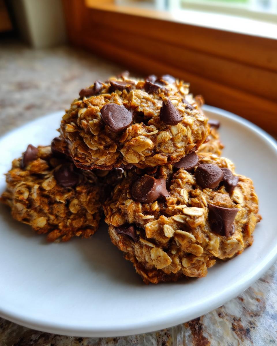 A close-up of three delicious banana oatmeal cookies stacked on a white plate, topped with melted chocolate chips.