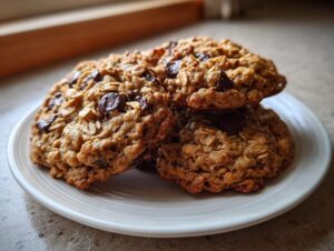 A stack of three golden brown banana oatmeal cookies loaded with chocolate chips resting on a white plate.