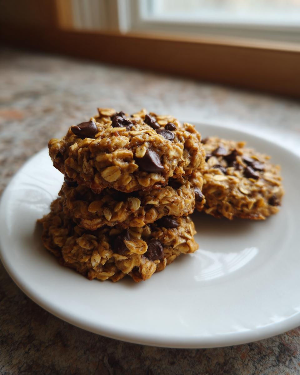 A stack of three homemade banana oatmeal cookies loaded with chocolate chips, resting on a white plate.