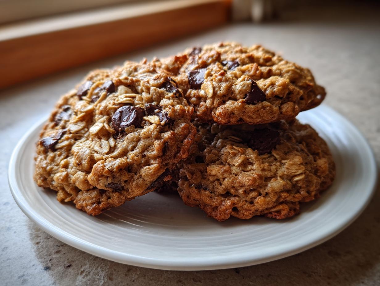 A stack of three golden brown banana oatmeal cookies loaded with chocolate chips resting on a white plate.