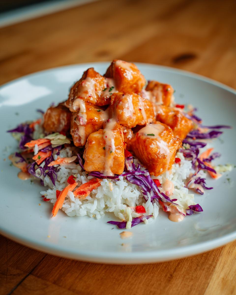 Close-up of crispy, sauced salmon cubes served over white rice and colorful slaw in a Bang bang salmon bowls preparation.