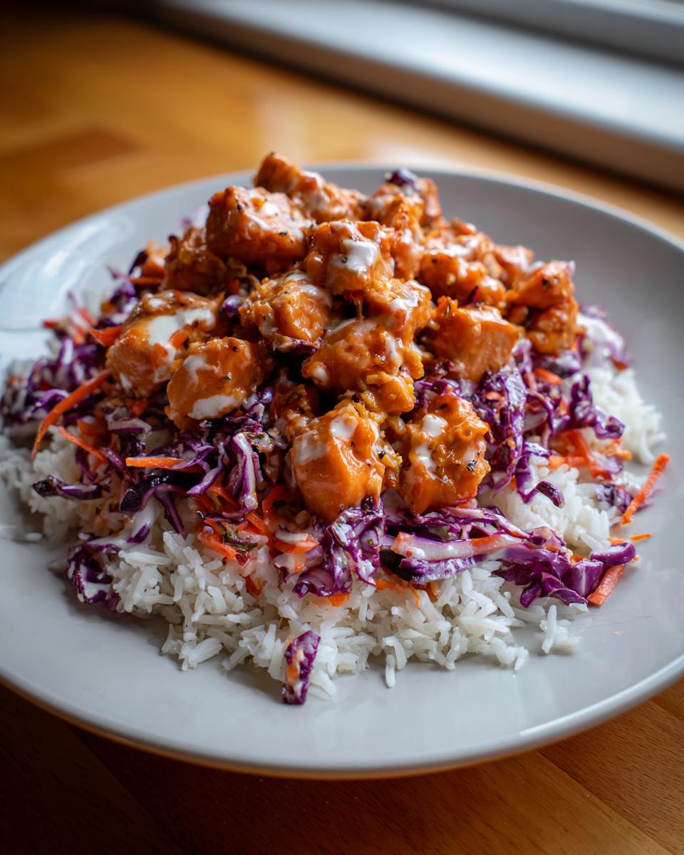 A close-up of a plate featuring white rice topped with colorful slaw and chunks of orange Bang Bang Salmon, drizzled with white sauce.