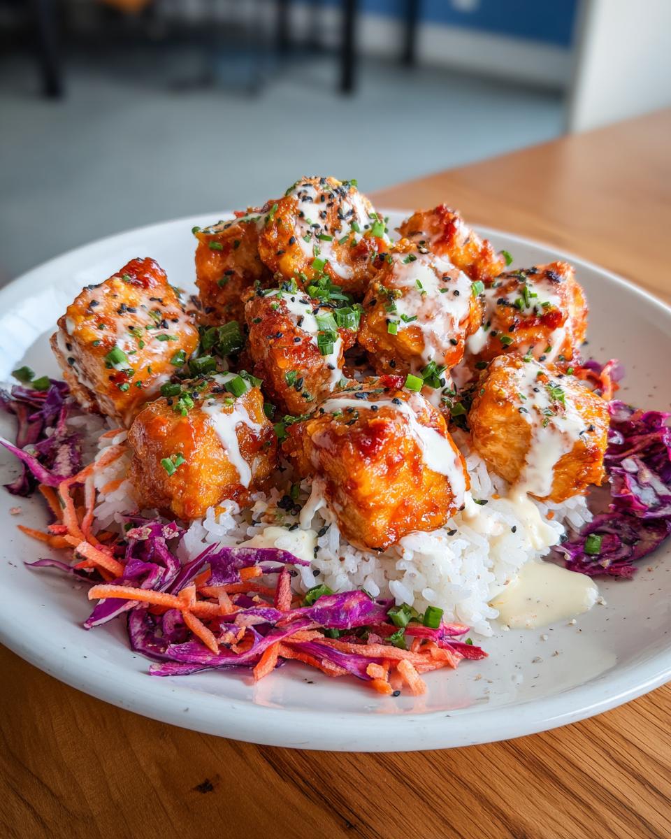 A close-up of a portion of Bang Bang Salmon Bowls featuring crispy salmon pieces over rice and slaw, drizzled with white sauce.