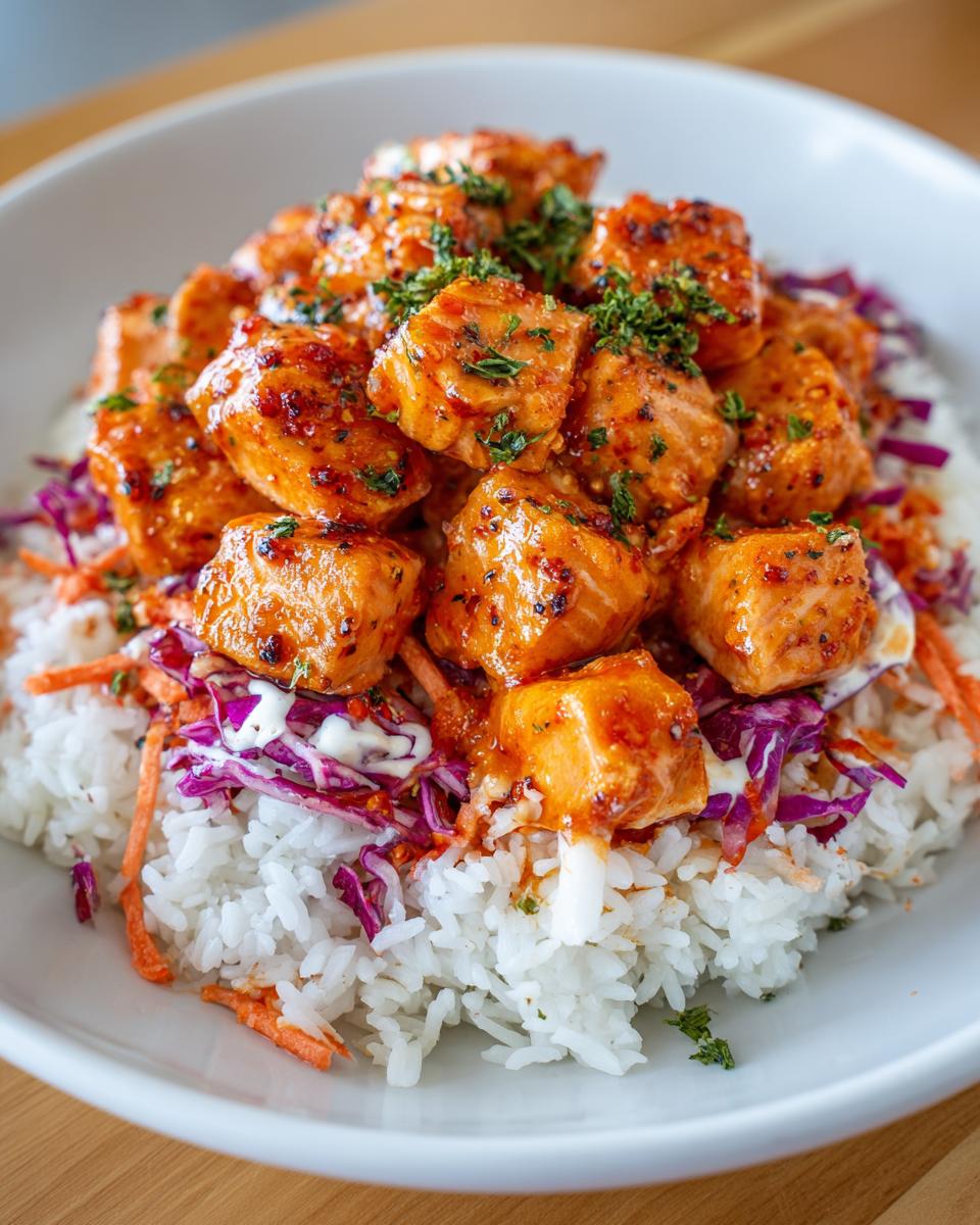Close-up of cubed, glazed salmon coated in spicy sauce served over white rice and shredded cabbage in Bang Bang Salmon Bowls.