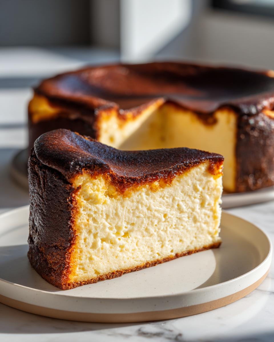 A thick slice of creamy Basque cheesecake with a deeply caramelized, nearly burnt top, served on a plate.
