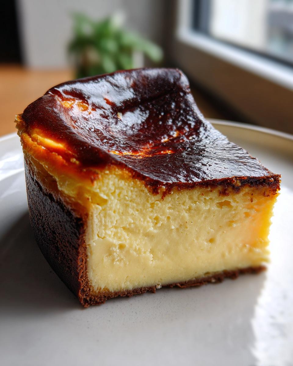 A close-up slice of creamy Basque cheesecake showing its signature dark, caramelized top.