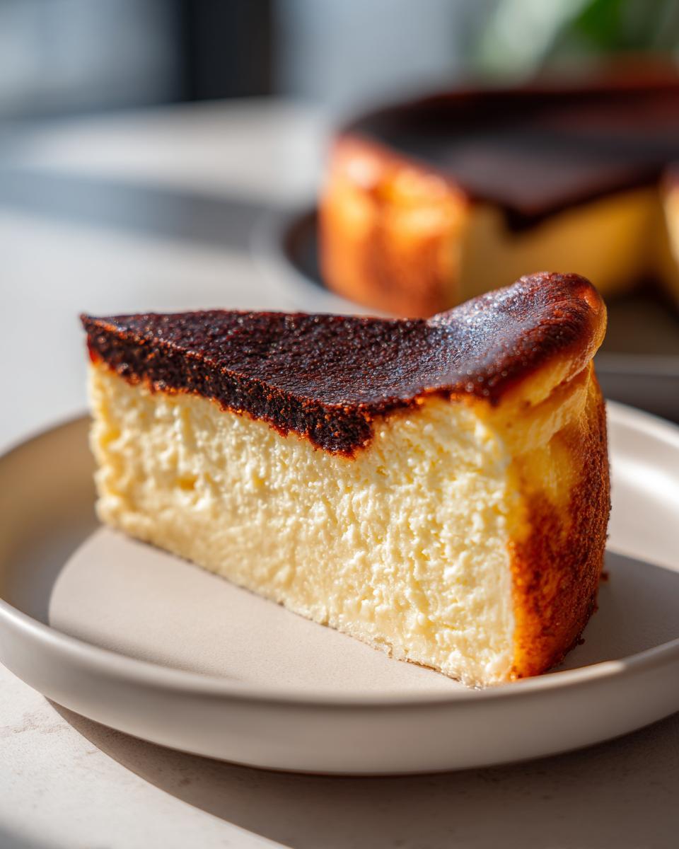 A perfect slice of creamy Basque cheesecake with its signature dark, caramelized top, sitting on a plate.