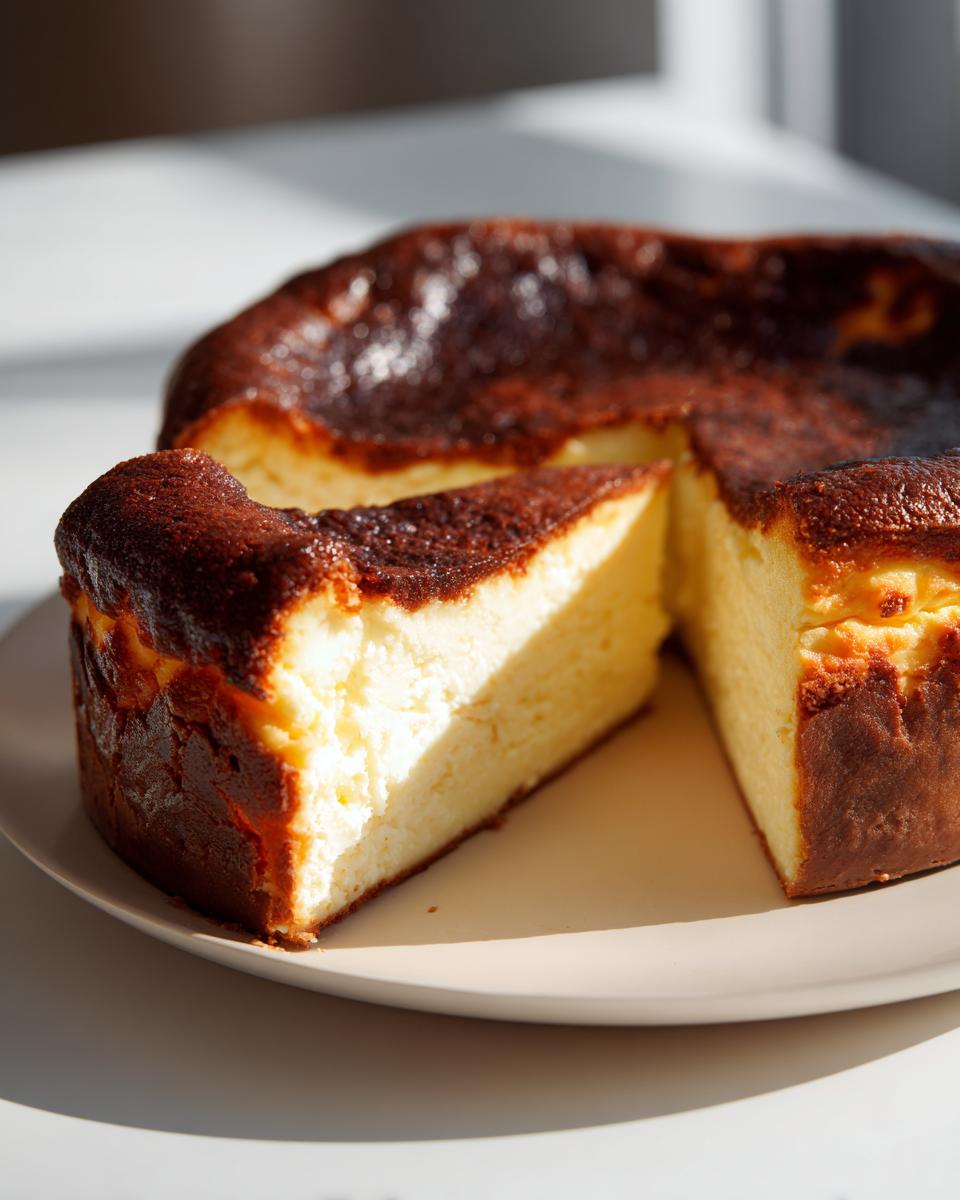 A slice cut from a whole Basque cheesecake showing its creamy interior and signature dark, caramelized top.