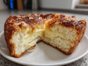 Close-up of a slice of bee sting cake showing the fluffy cake layers and rich vanilla cream filling.