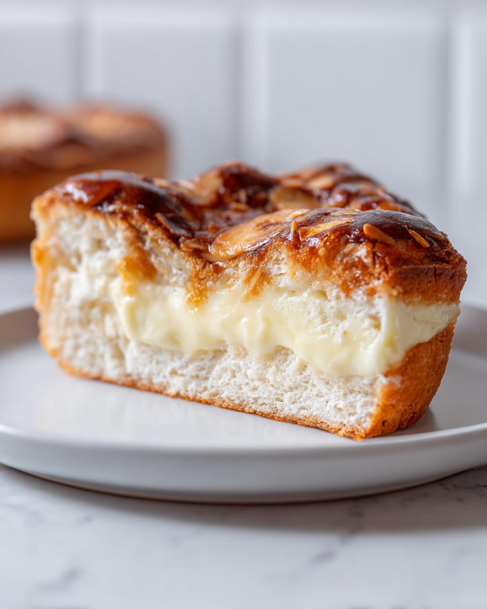 Close-up of a slice of bee sting cake showing the fluffy yeast dough, rich cream filling, and caramelized almond topping.