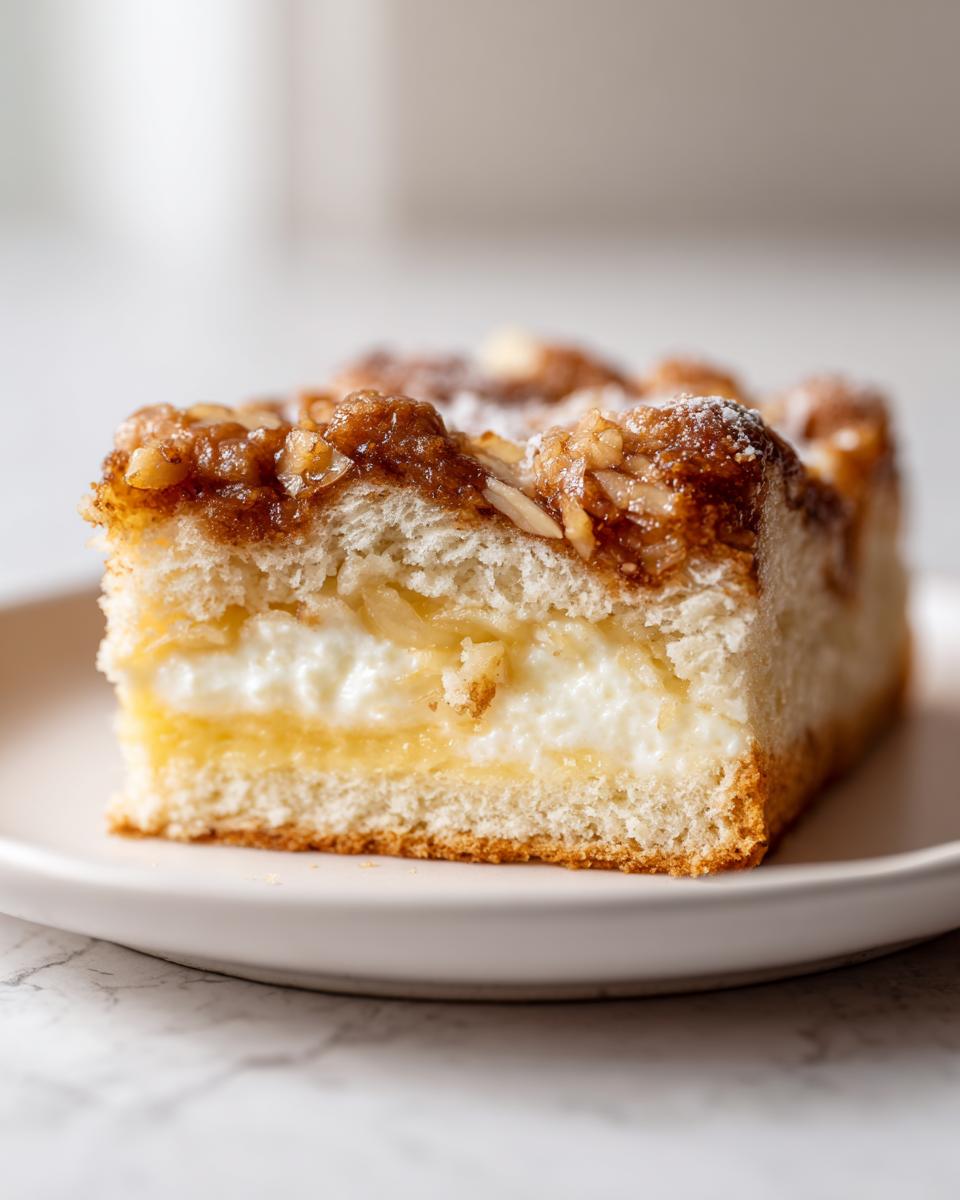 Close-up of a moist slice of bee sting cake showing layers of sponge, vanilla cream, and a caramelized almond topping.