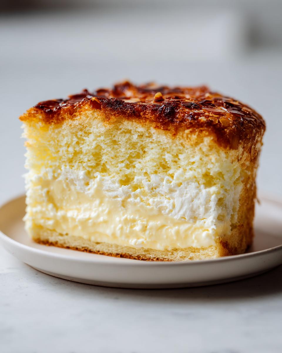Close-up of a perfect slice of bee sting cake showing layers of sponge, pastry cream, whipped cream, and caramelized almond topping.