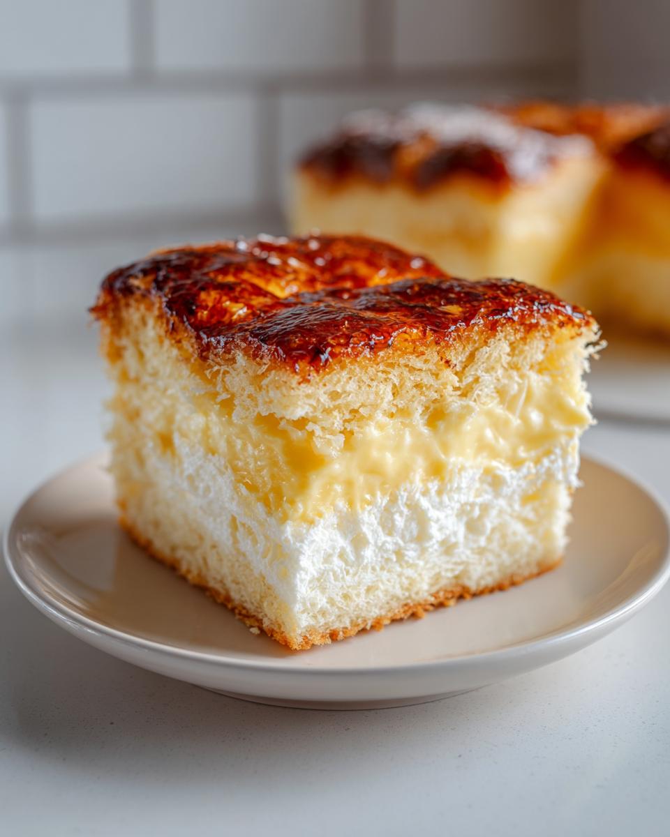 A perfect slice of bee sting cake showing layers of sponge, cream filling, and a dark, caramelized honey topping.