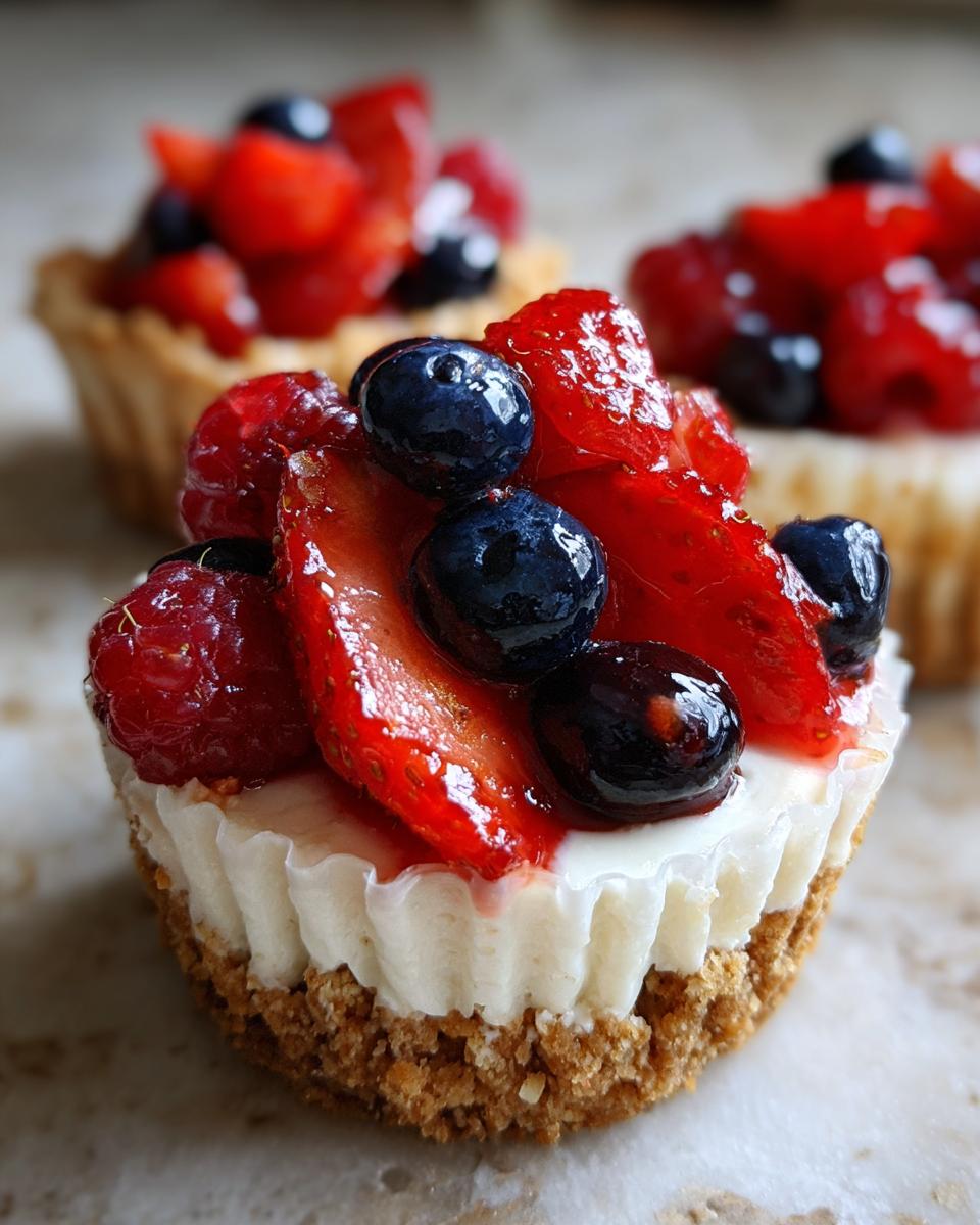A close-up of a single mini cheesecake topped with glazed strawberries, blueberries, and raspberries.