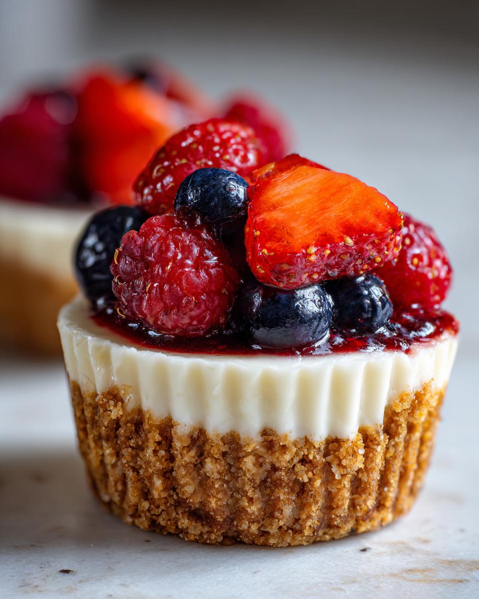 A close-up of a single mini cheesecake with a graham cracker crust, topped with fresh mixed berries and jam.