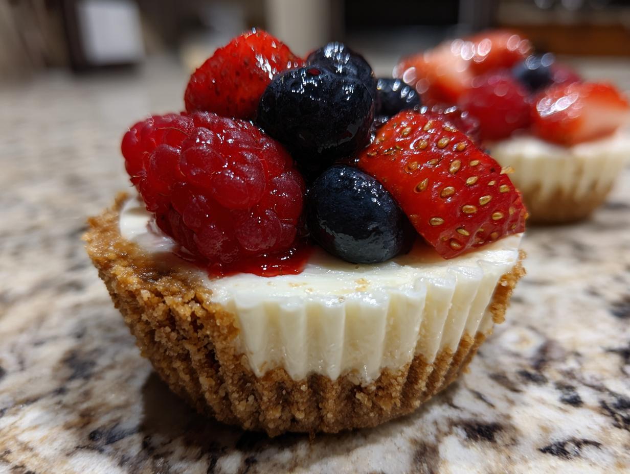 A close-up of a single mini cheesecake with a graham cracker crust topped with fresh raspberries, blueberries, and sliced strawberries.