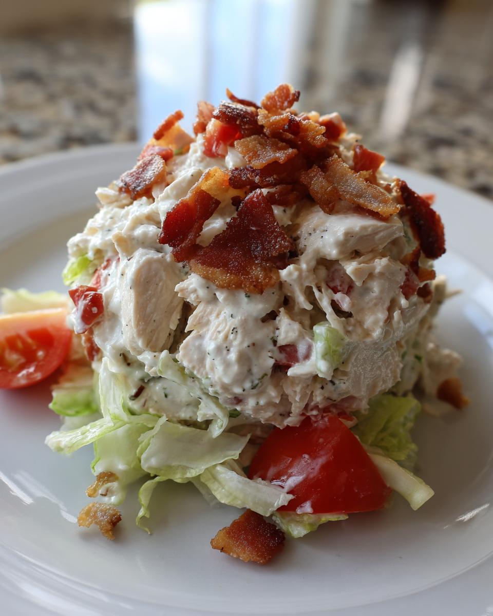 A mound of creamy blt chicken salad served over lettuce, topped generously with crispy bacon bits and diced tomatoes.
