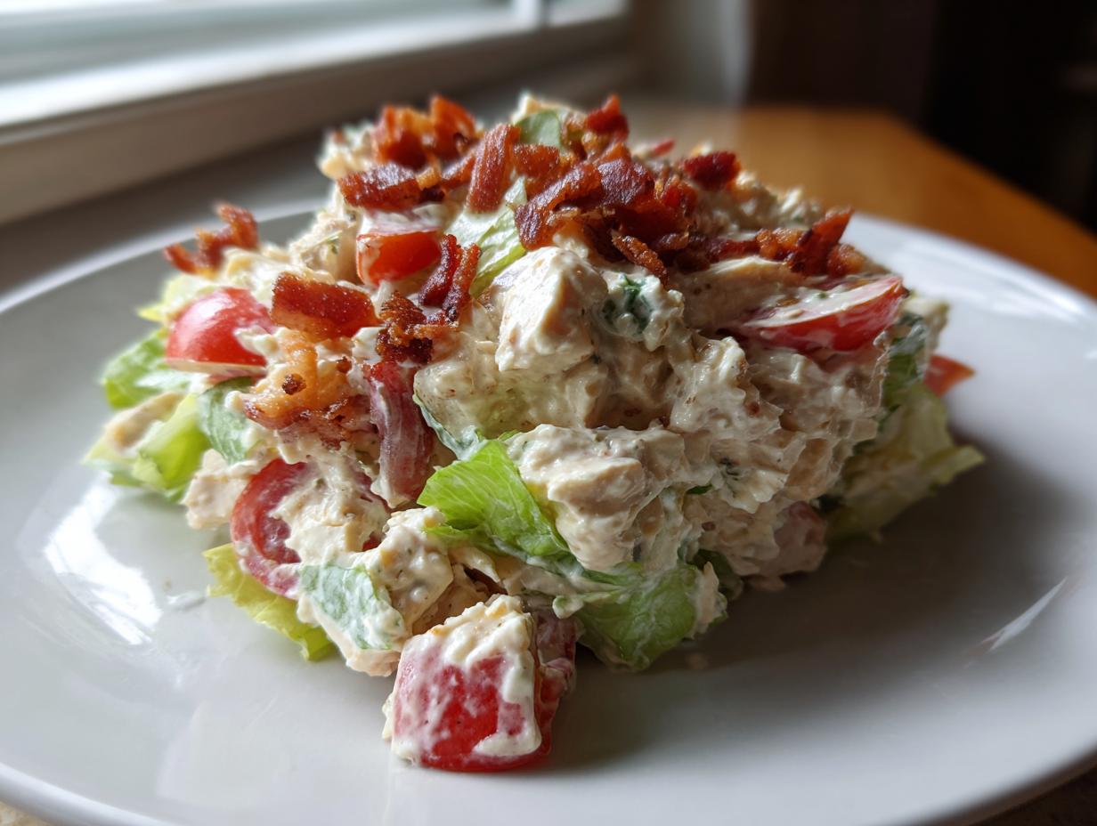 A scoop of creamy blt chicken salad mixed with lettuce and tomatoes, topped with crispy bacon bits.