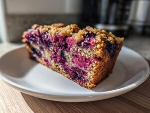 Close-up of a moist slice of blueberry banana bread featuring vibrant purple berries and a crunchy streusel topping.
