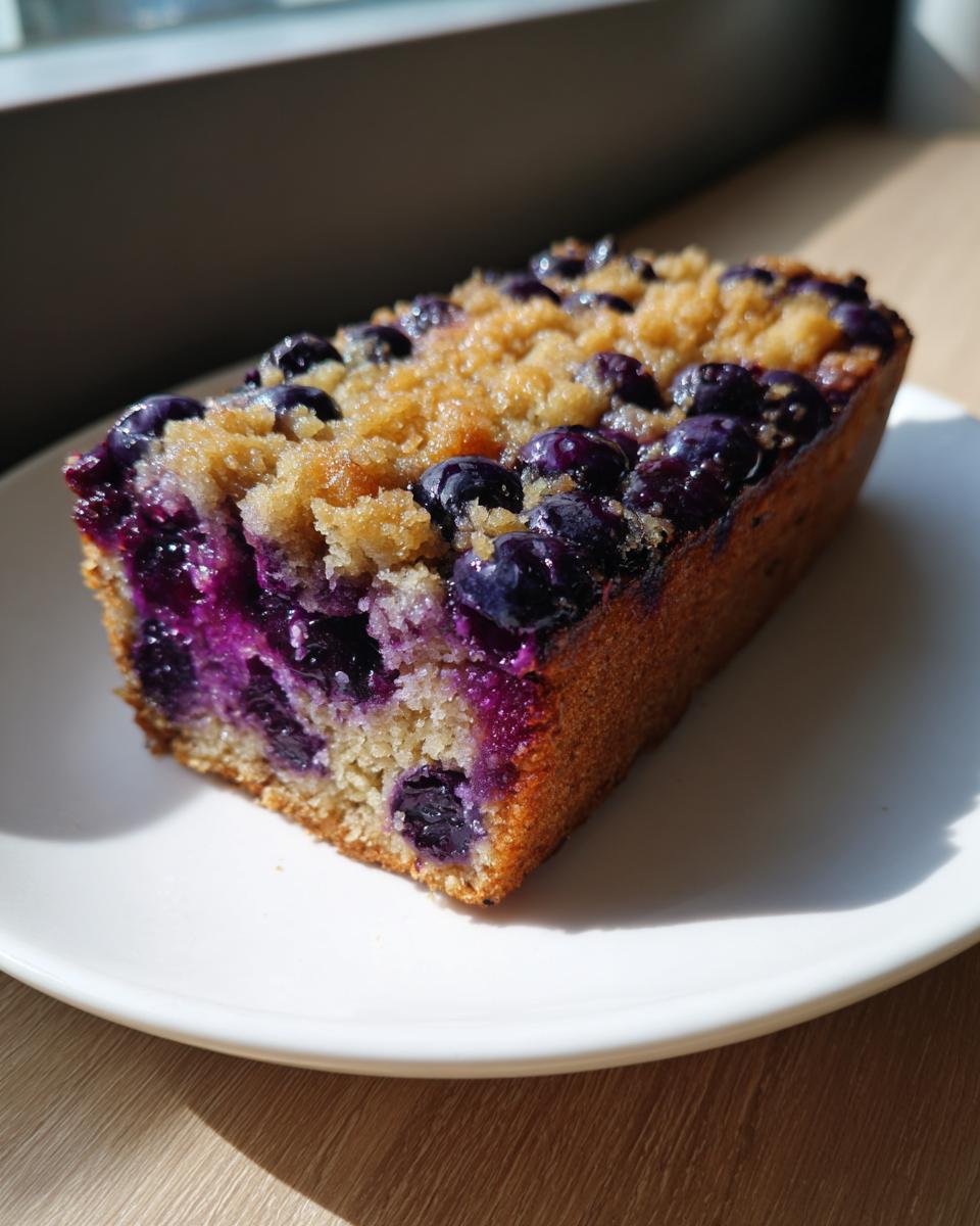 A close-up of a slice of moist blueberry banana bread topped with brown sugar crumble, sitting on a white plate.