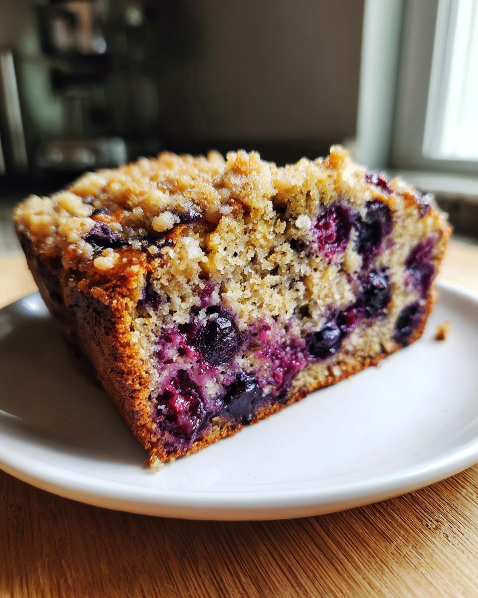 Close-up of a moist slice of blueberry banana bread featuring a crunchy streusel topping and bursting blueberries.
