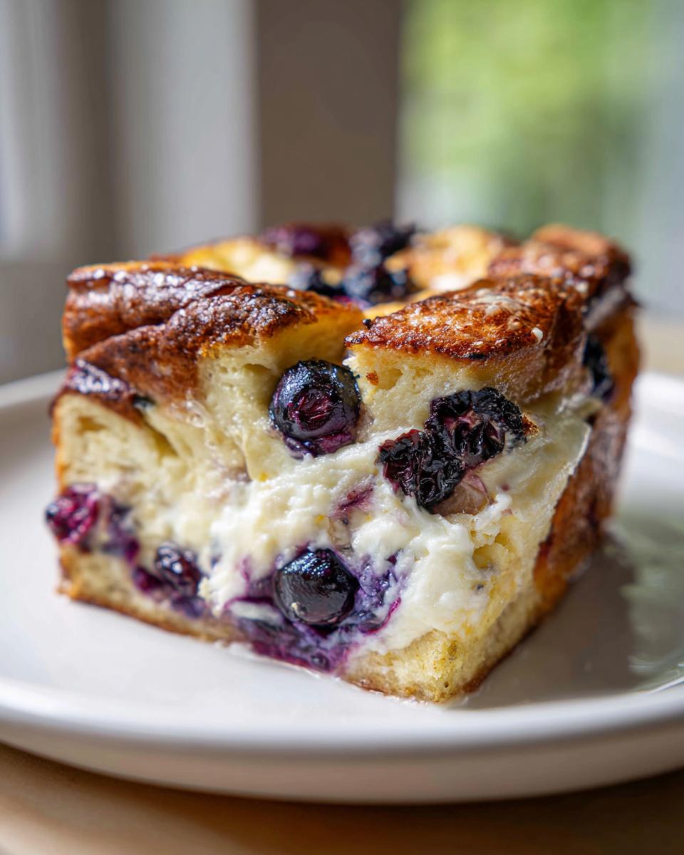 A close-up of a single serving slice of blueberry french toast casserole featuring rich, golden bread and creamy filling with whole blueberries.