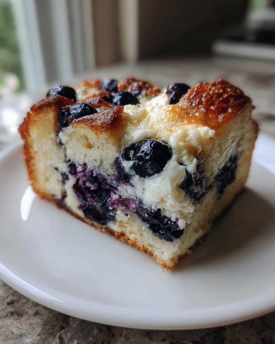 Close-up of a square serving of blueberry french toast casserole with creamy filling and baked blueberries.