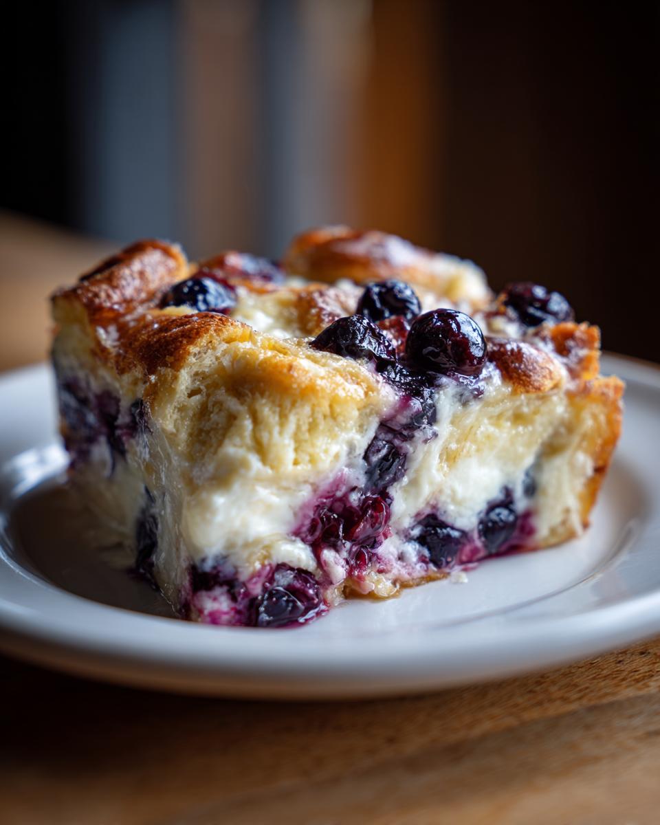 A close-up of a square slice of creamy blueberry french toast casserole served on a white plate.