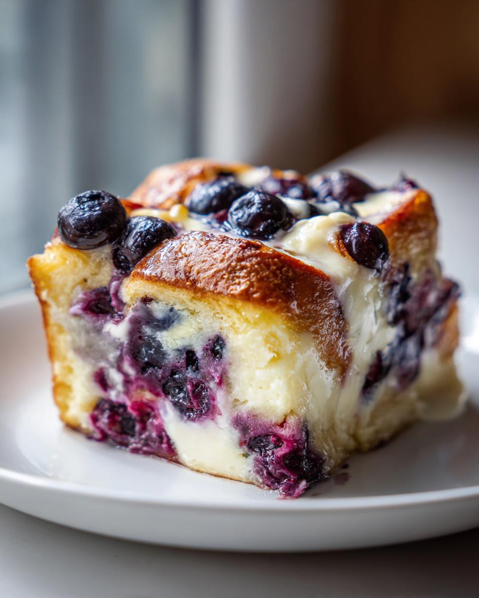 Close-up of a moist slice of blueberry french toast casserole with visible blueberries and creamy custard filling.
