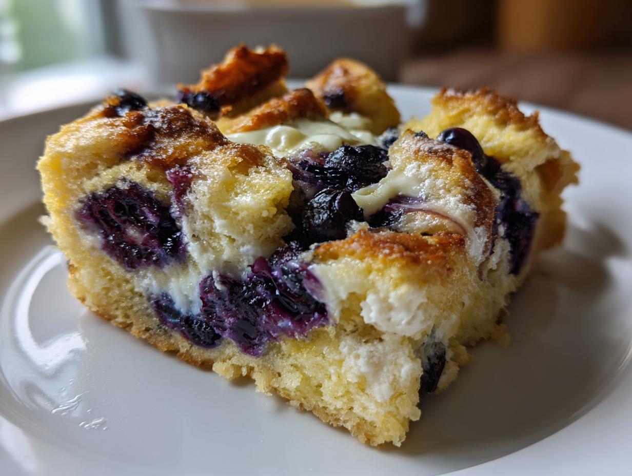 Close-up of a square slice of blueberry french toast casserole showing layers of bread, cream cheese filling, and baked blueberries.