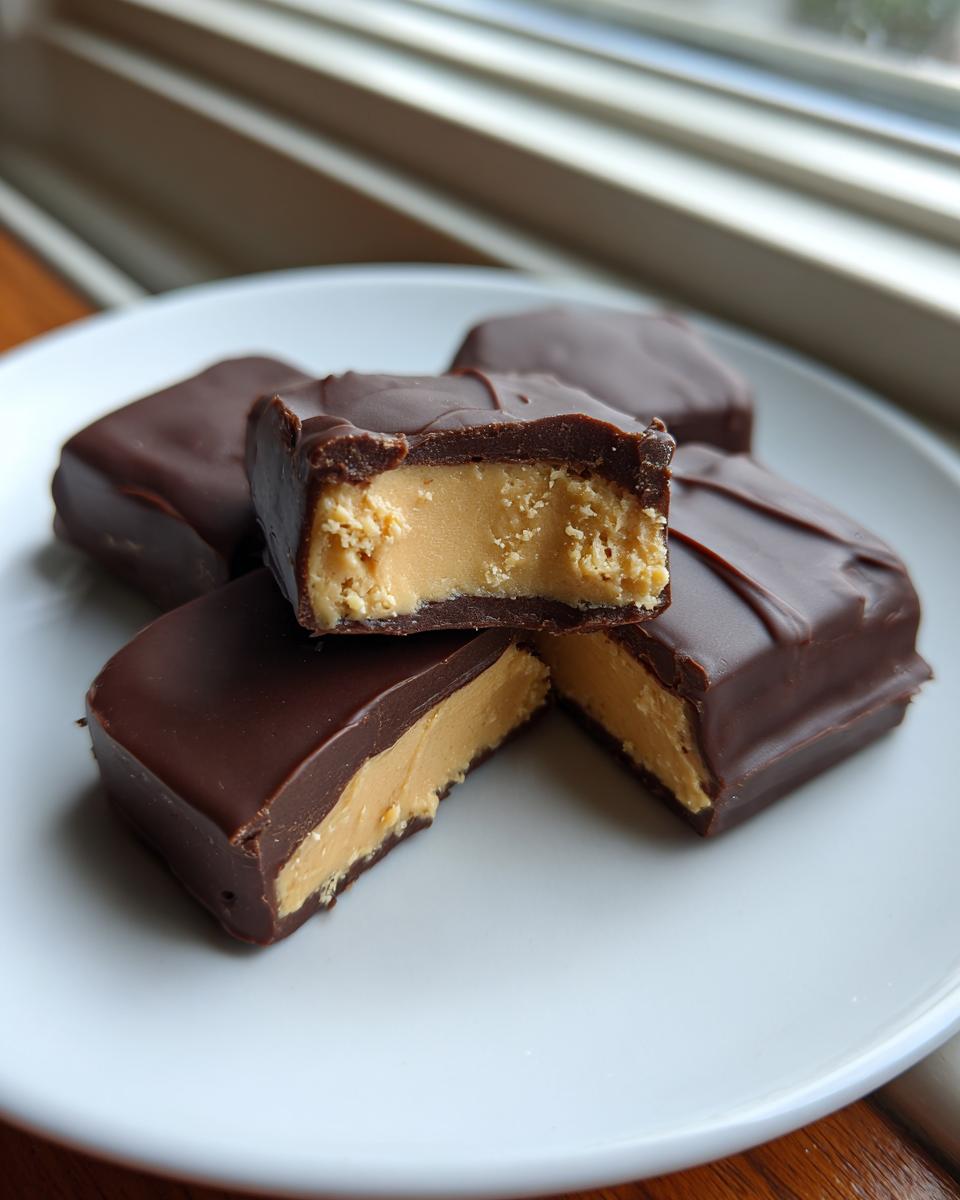 Close-up of several rich, chocolate-coated buckeye fudge squares, one cut in half showing the creamy peanut butter center.