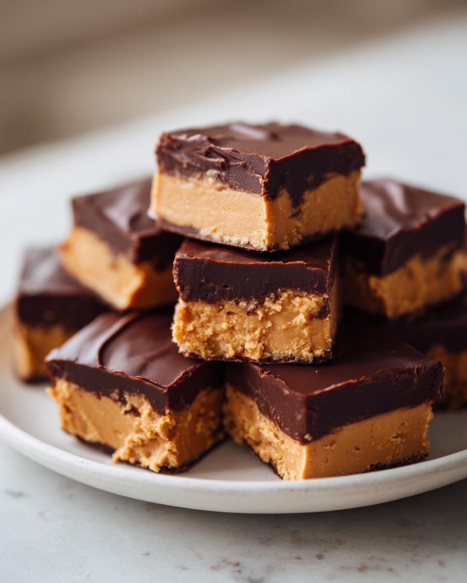 A stack of homemade buckeye fudge squares featuring a thick peanut butter layer topped with smooth dark chocolate.