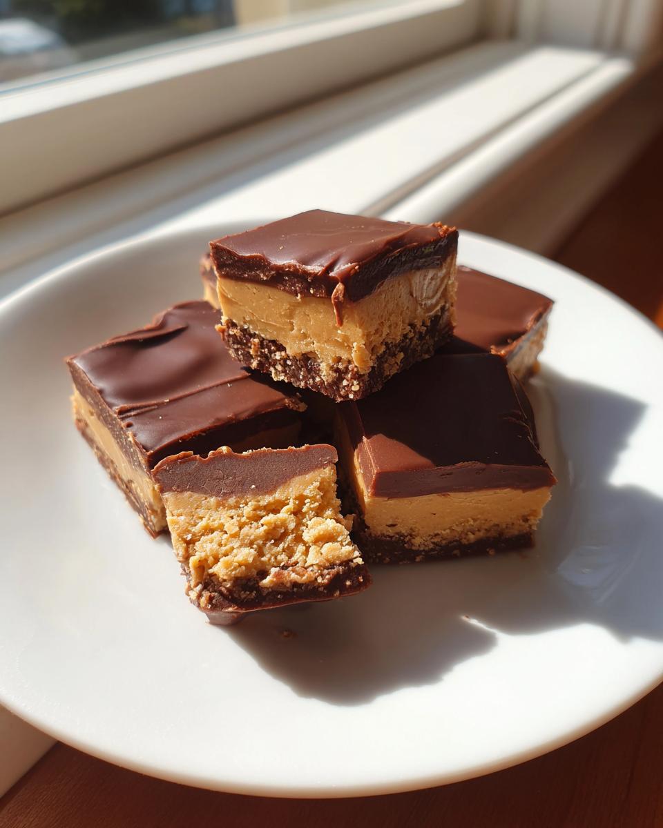 A stack of homemade buckeye fudge squares with a chocolate topping and peanut butter layer, served on a white plate.