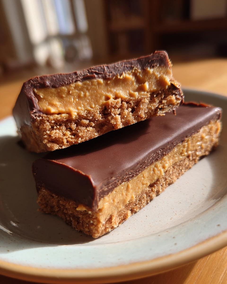 Two pieces of rich buckeye graham crackers bars, showing a crumbly base, peanut butter filling, and chocolate topping.