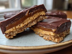 Close-up of Buckeye Graham Crackers bars cut in half, showing the graham cracker crust, peanut butter layer, caramel, and chocolate topping.