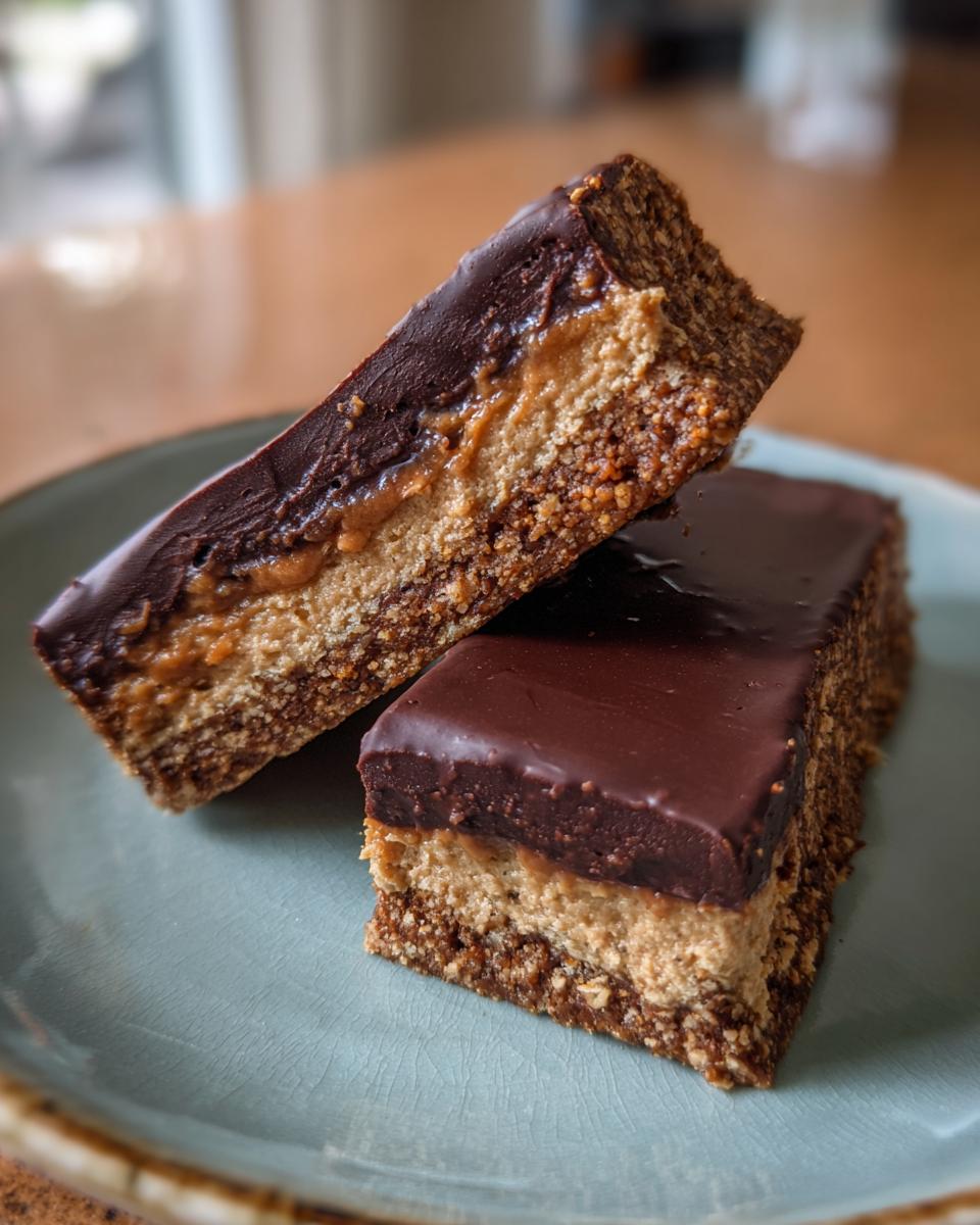 Two layered dessert bars, resembling buckeye graham crackers, featuring a crumb base, peanut butter filling, and chocolate topping.