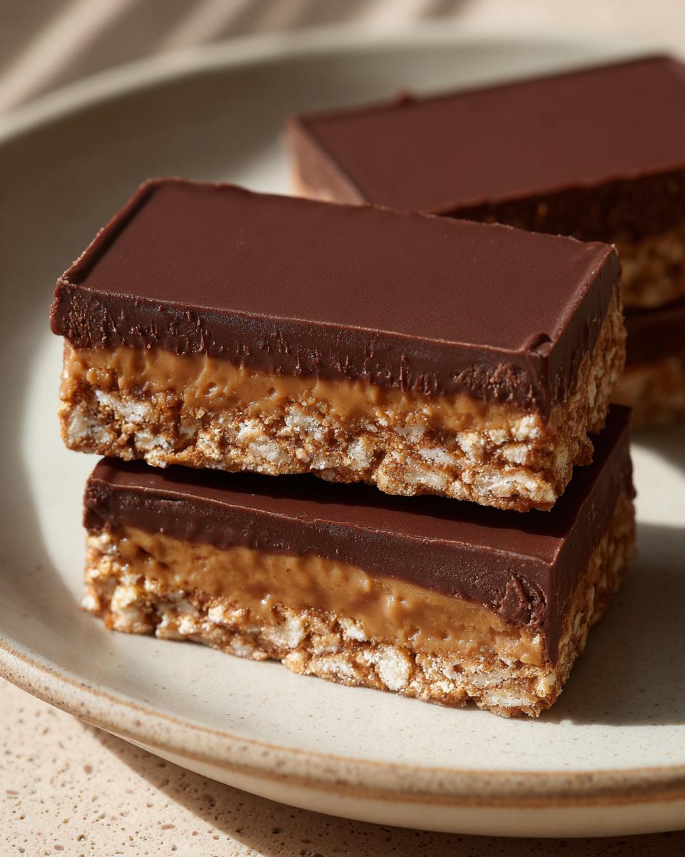 Two stacked bars of Buckeye Graham Crackers Magic Bites showing a crispy base, peanut butter layer, and chocolate topping.