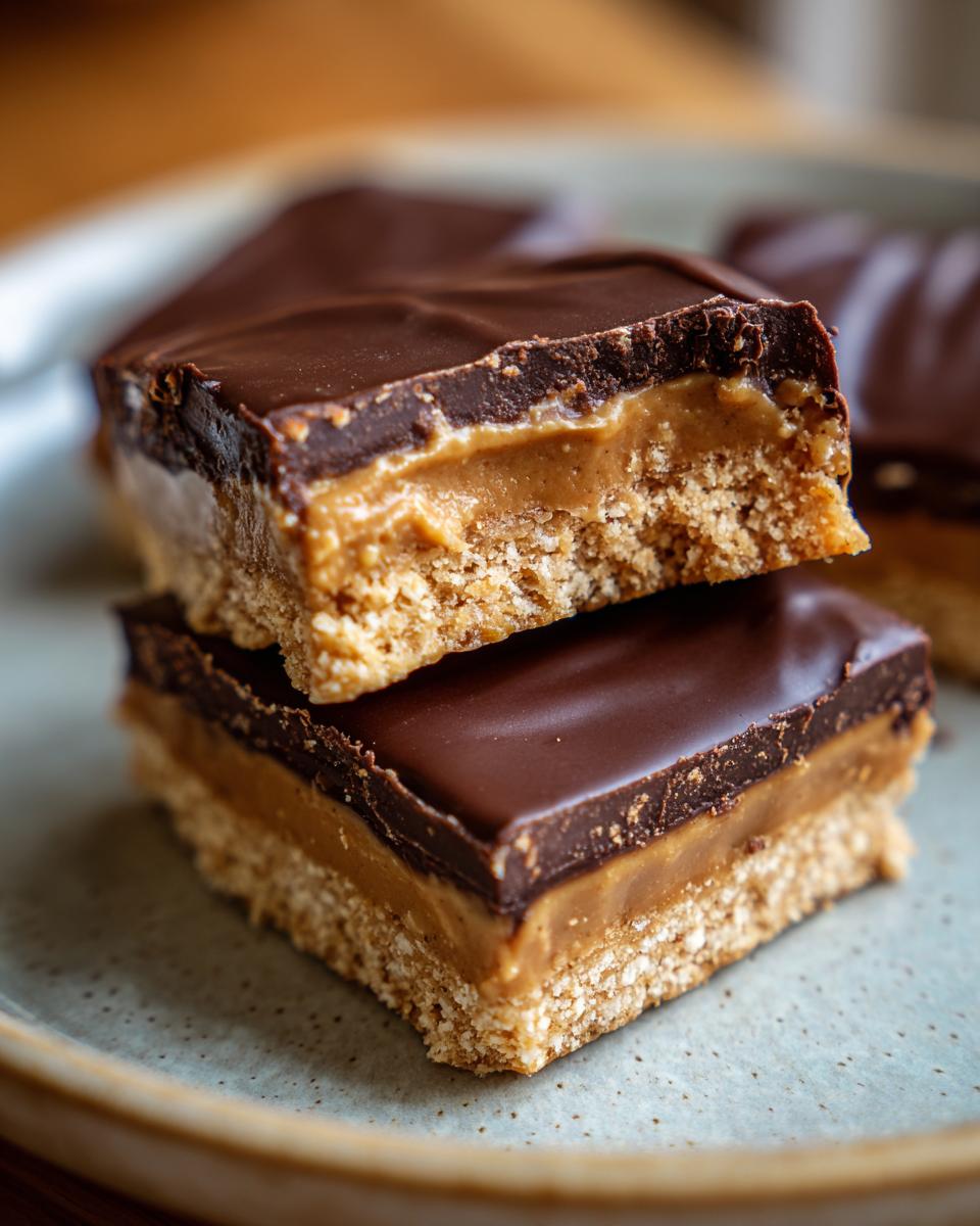 Two stacked squares of buckeye graham crackers bars featuring a thick graham cracker base, peanut butter filling, and chocolate topping.