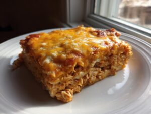 A square slice of cheesy, saucy burrito bake served on a white plate near a window.
