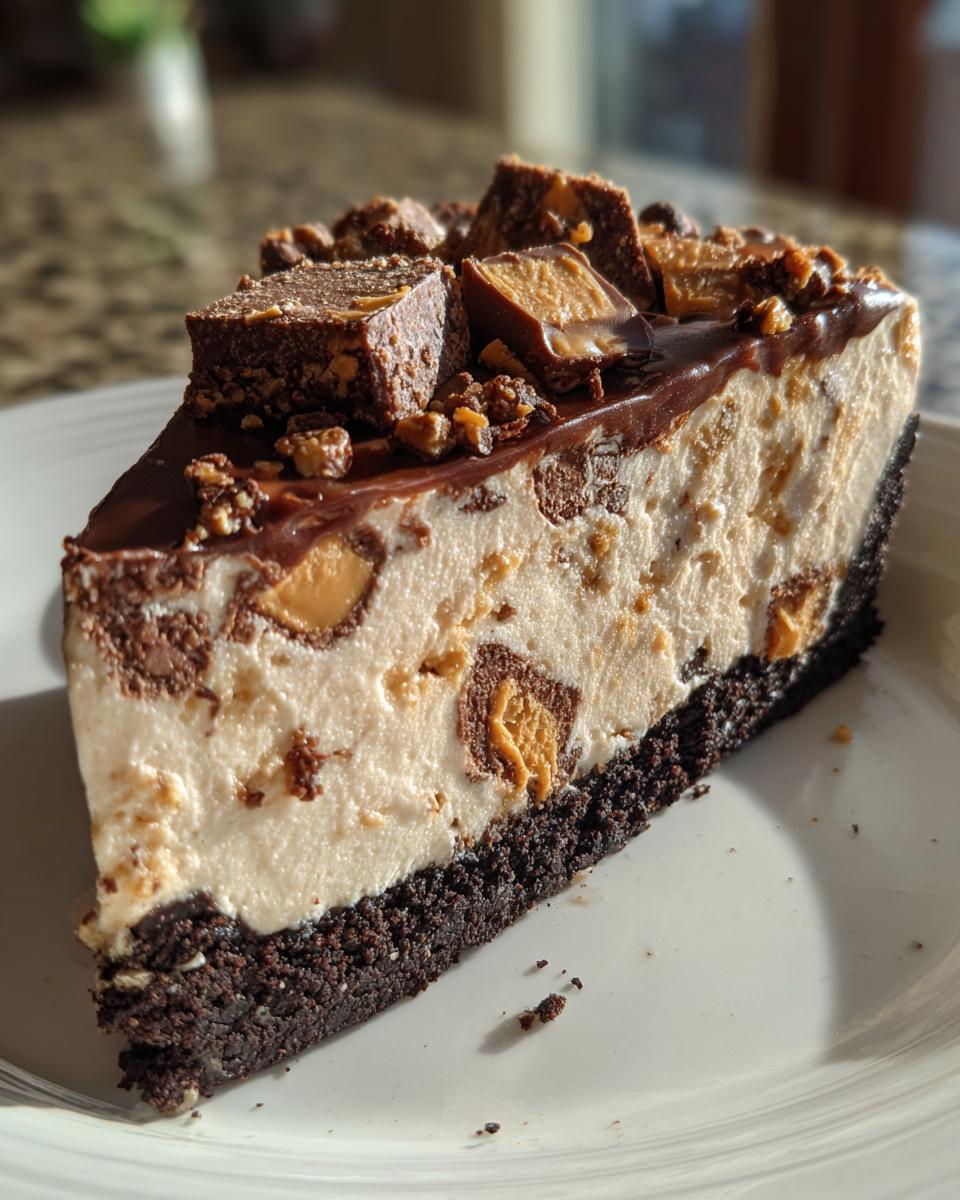 A thick slice of no-bake butterfinger pie with a dark crust, creamy filling, and chopped candy topping.