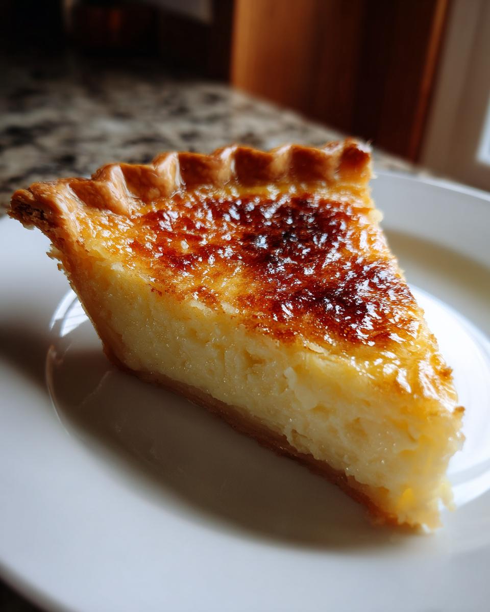 A close-up view of a perfect slice of buttermilk pie showing the creamy filling and deeply caramelized top.