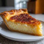 A close-up of a perfect slice of buttermilk pie showing the creamy filling and deeply caramelized top crust.