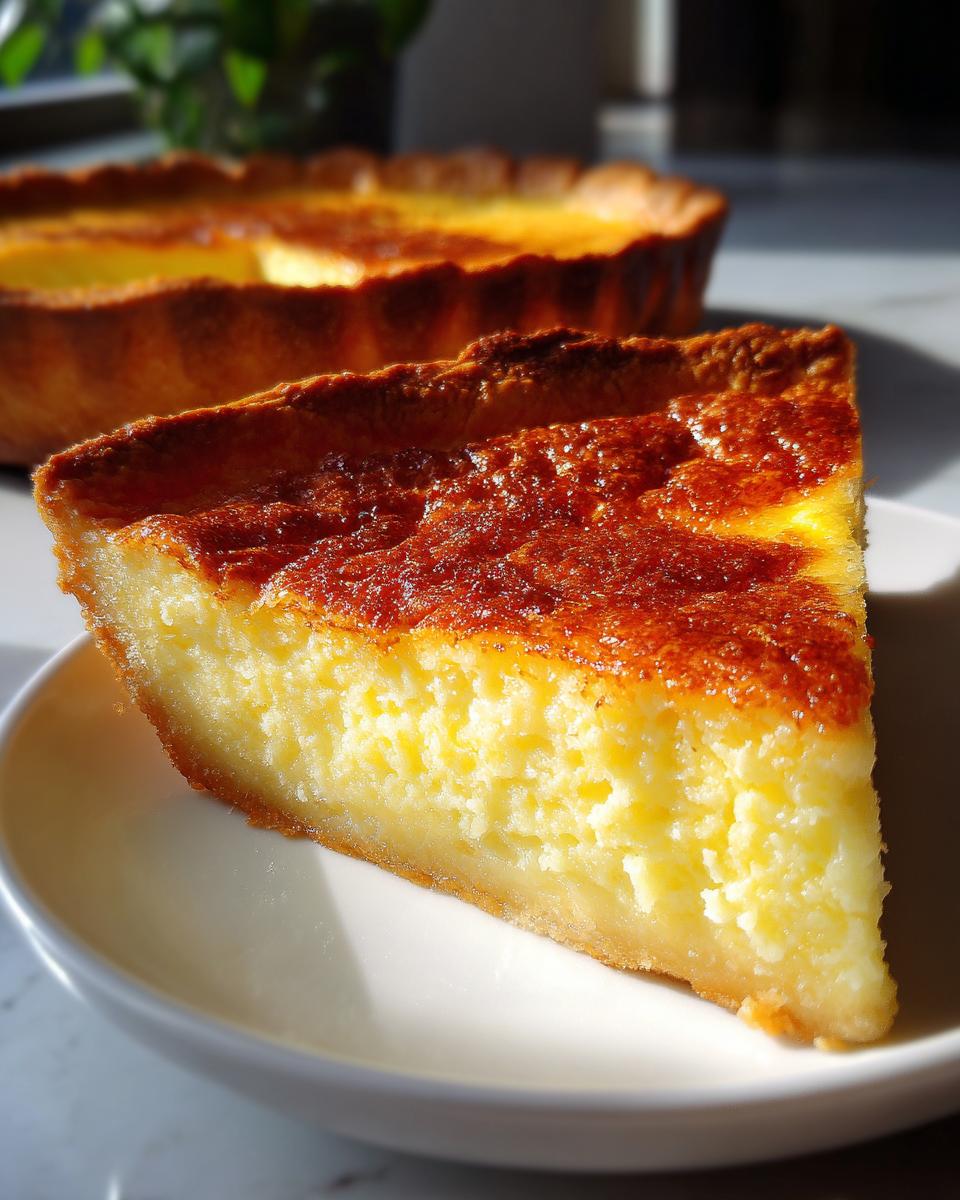 A close-up slice of rich, yellow buttermilk pie with a deeply browned top crust served on a white plate.